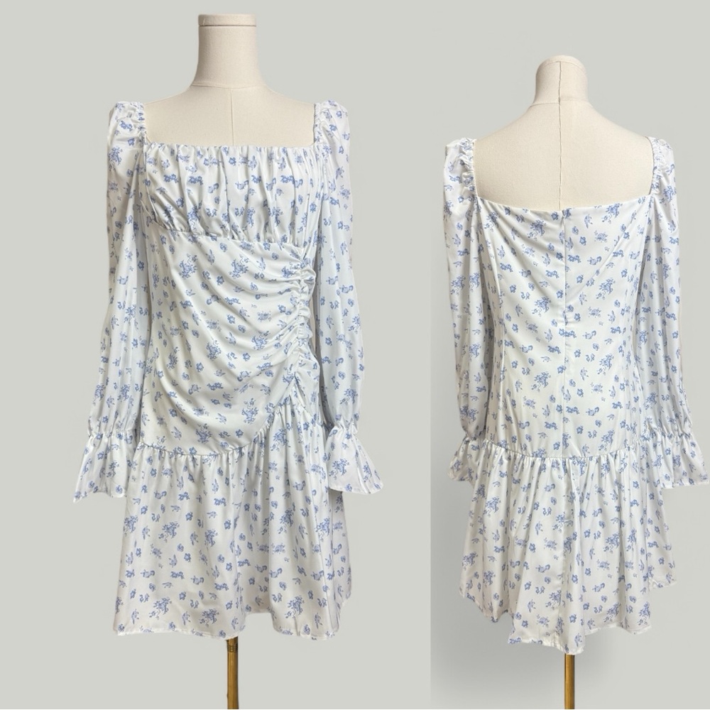 White Sundress Women Size XL Floral Asymmetrical Ruched Long Bishop Sleeves
